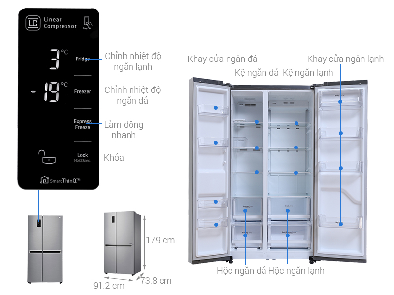Thông số kỹ thuật Tủ lạnh LG Inverter 626 lít GR-B247JS
