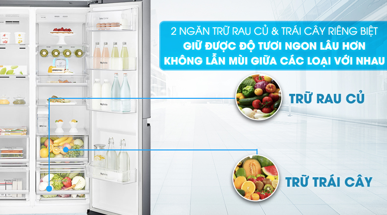 Ngăn rau quả lớn với 2 chức năng riêng biệt - Tủ lạnh LG Inverter 601 lít GR-D247JS