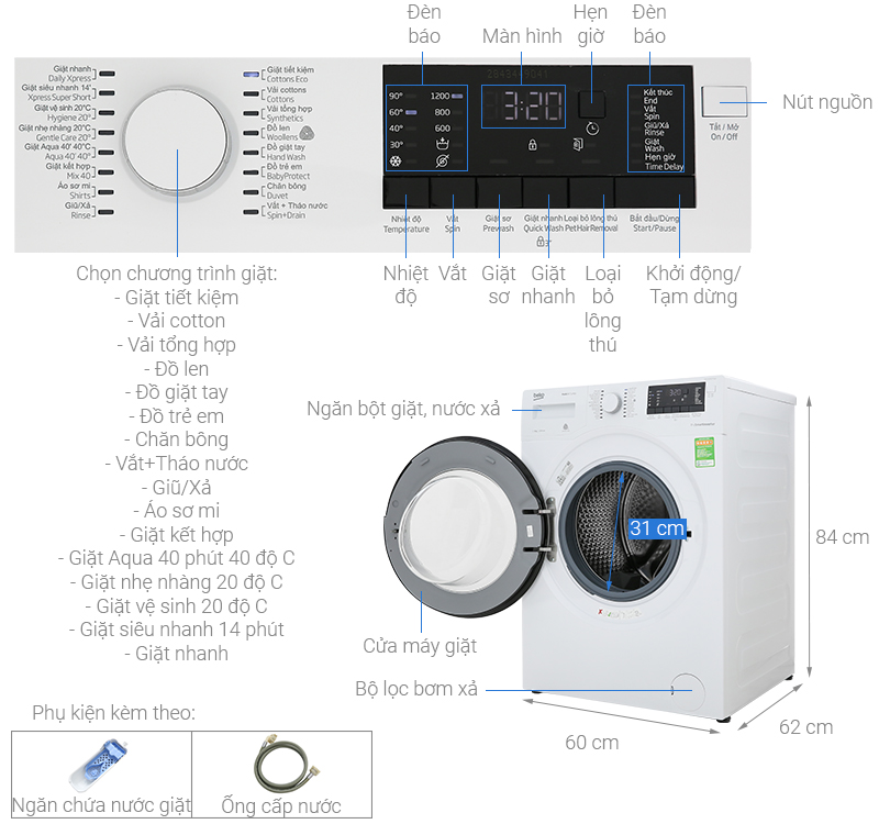 Thông số kỹ thuật Máy giặt Beko Inverter 9 kg WMY 91283 PTLB2