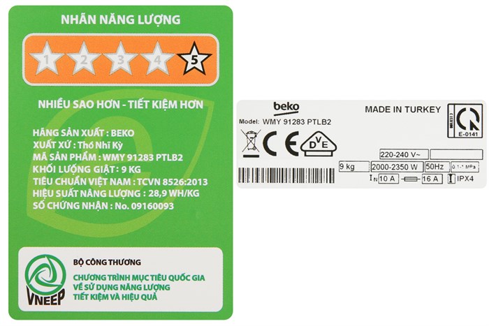 Máy giặt Beko Inverter 9 kg WMY 91283 PTLB2 Màu Trắng