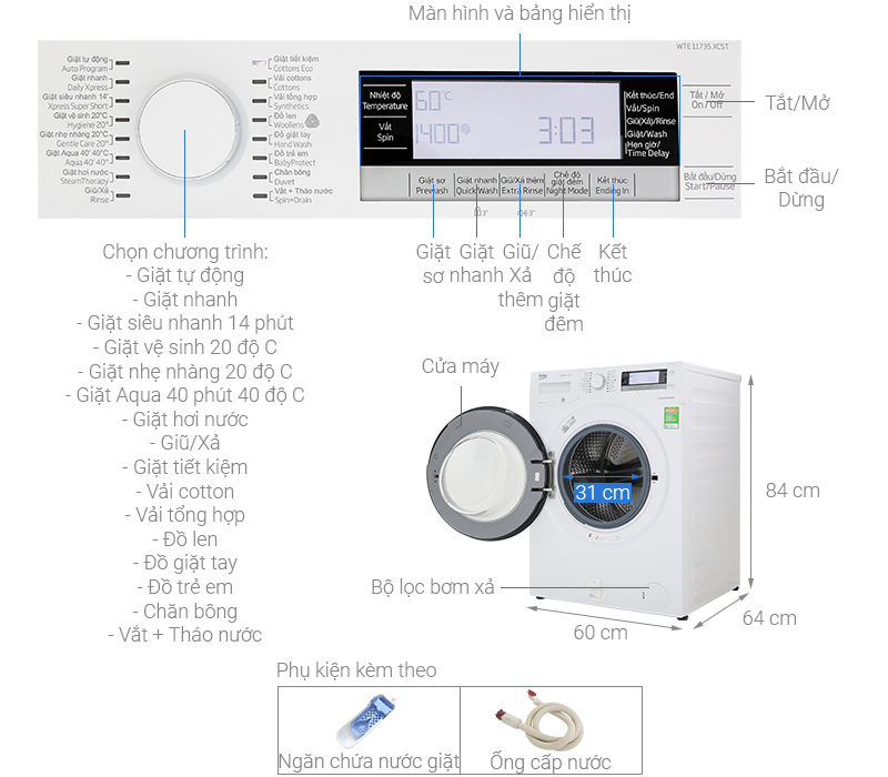 Thông số kỹ thuật Máy giặt Beko Inverter 11kg  WTE 11735 XCST