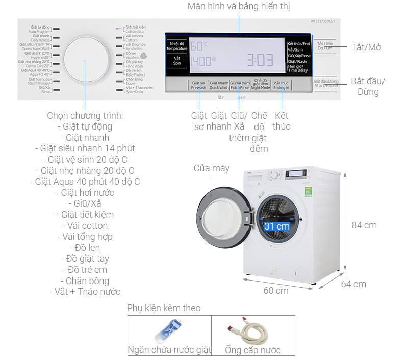 Thông số kỹ thuật Máy giặt Beko Inverter 11kg WTE 11735 XCST