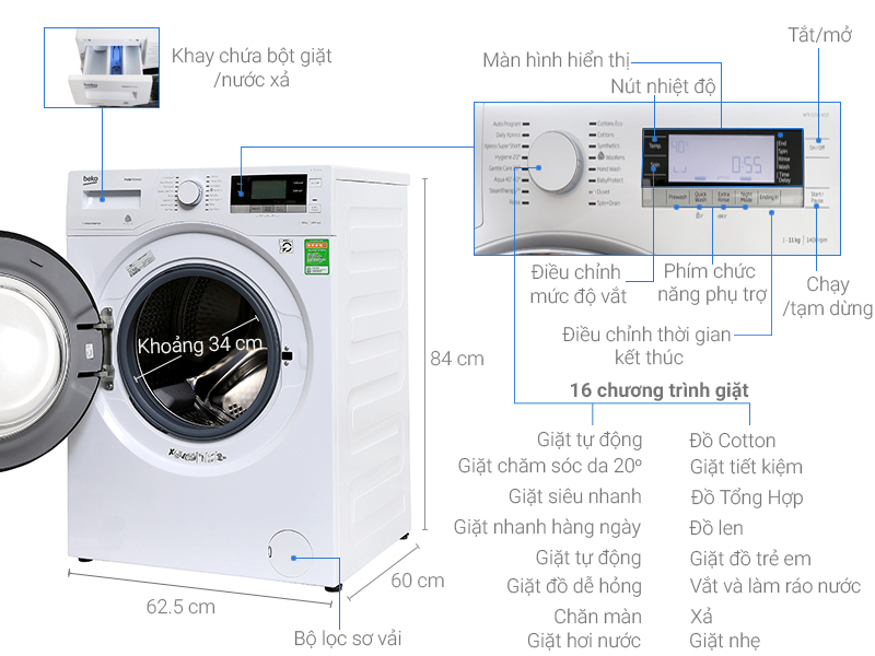 Thông số kỹ thuật Máy giặt Beko Inverter 11kg  WTE 11735 XCST