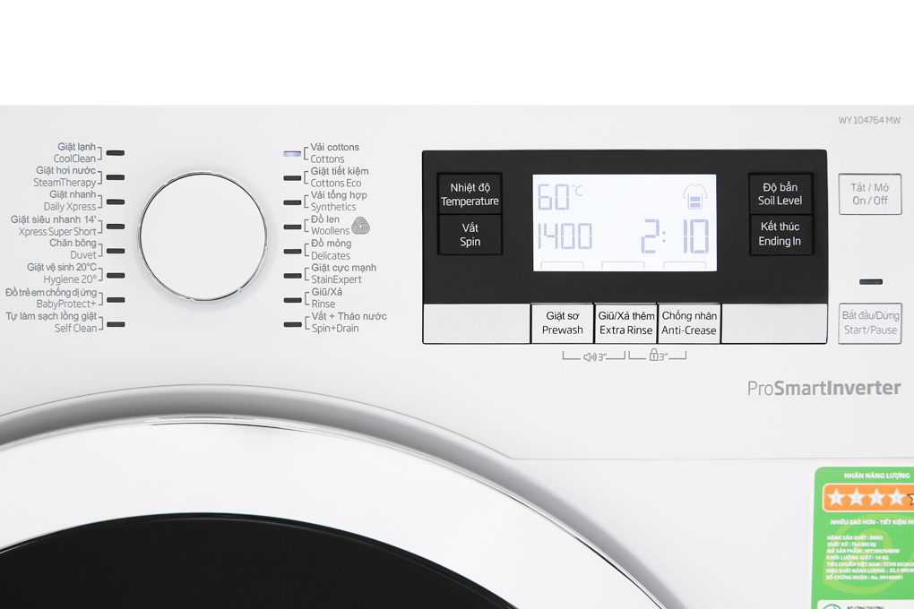 Máy giặt Beko Inverter 10 kg WY104764MW Màu Trắng