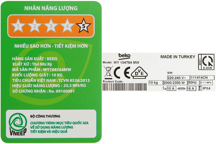 Máy giặt Beko Inverter 10 kg WY104764MW Màu Trắng