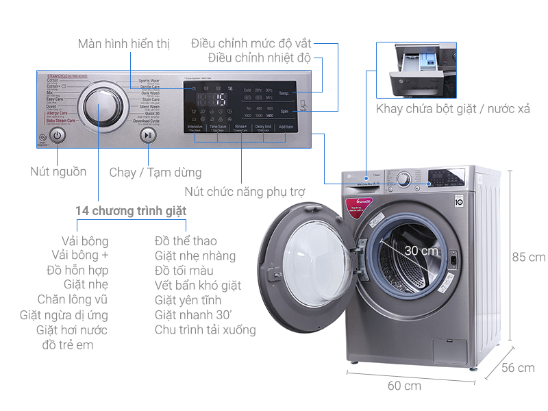 ThÃ´ng sá» ká»¹ thuáº­t MÃ¡y giáº·t LG Inverter 8 kg FC1408S3E