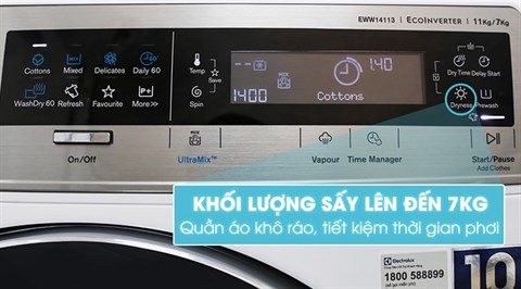 Chức năng sấy lên đến 7kg - Máy giặt sấy Electrolux inverter 11 kg EWW14113