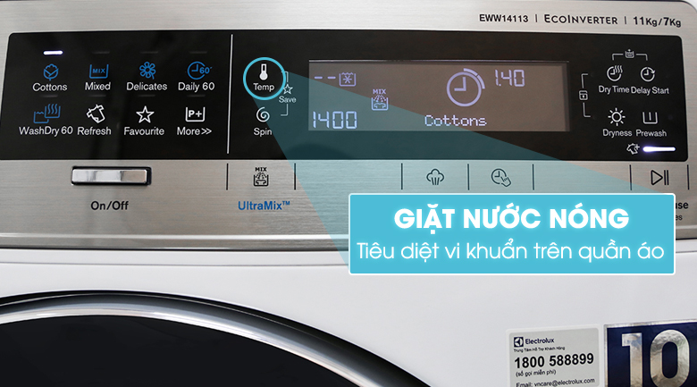 Chế độ giặt nước nóng Máy giặt Electrolux Inverter 11 kg EWF14113 S