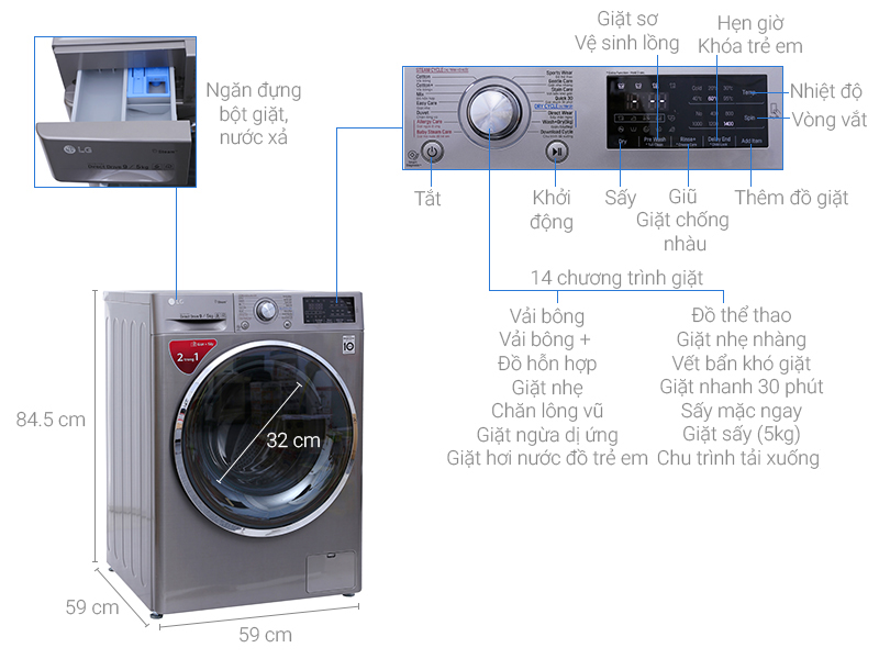 Thông số kỹ thuật Máy giặt sấy LG inverter 9kg FC1409D4E