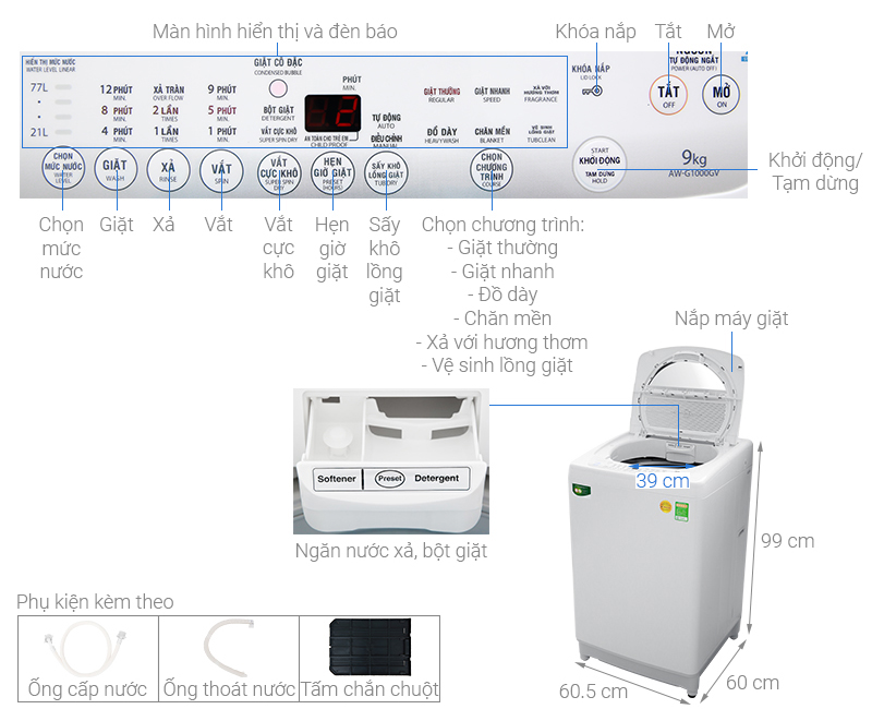 Thông số kỹ thuật Máy giặt Toshiba 9kg AW-G1000GV WG