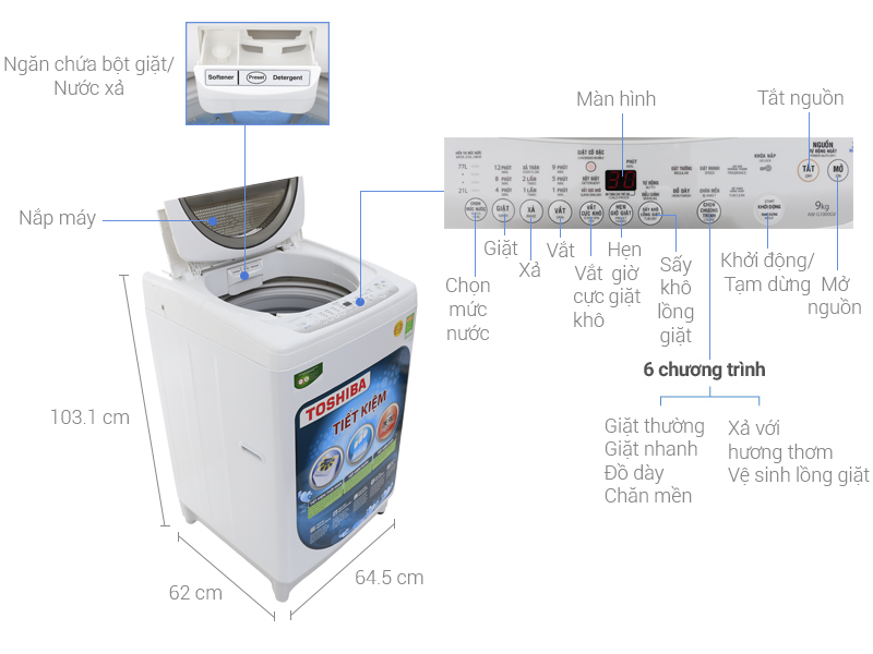 Thông số kỹ thuật Máy giặt Toshiba 9kg AW-G1000GV WG
