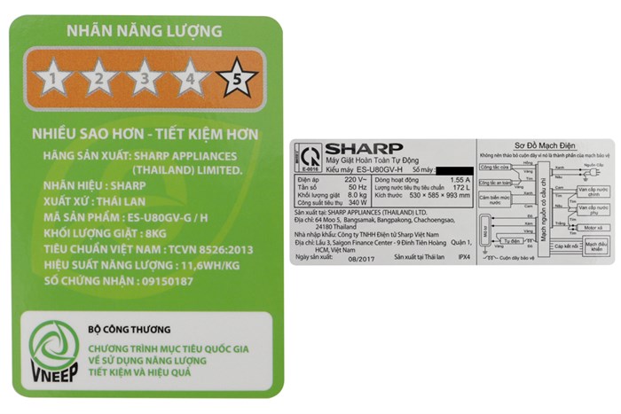 Máy giặt Sharp 8 kg ES-U80GV-H