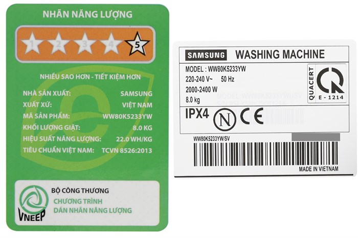 Máy giặt Samsung AddWash Inverter 8 kg WW80K5233YW/SV Màu Trắng