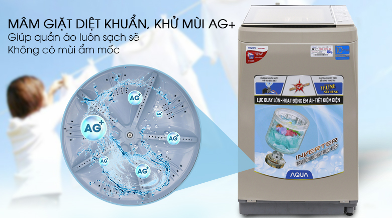 Máy giặt Aqua Inverter 9 kg AQW-D901BT N - Công nghệ diệt khuẩn, khử mùi Ag 