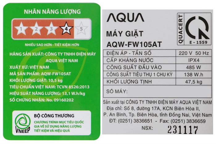 Máy giặt Aqua 10.5 kg AQW-FW105AT N Màu Vàng