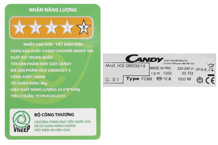 Máy giặt Candy 8 kg HCS 1282D3Q/1-S