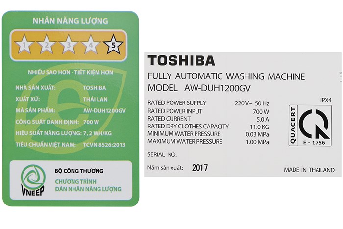 Máy giặt Toshiba Inverter 11 kg AW-DUH1200GV Màu Xám nhạt