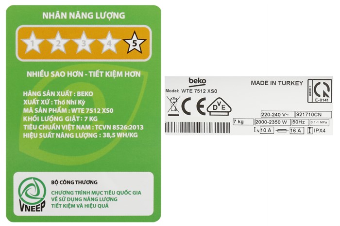 Máy giặt Beko Inverter 7 kg WTE 7512 XS0 Màu Trắng