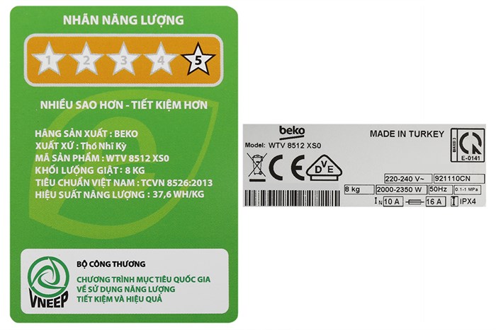 Máy giặt Beko Inverter 8 kg WTV 8512 XS0 Màu Trắng