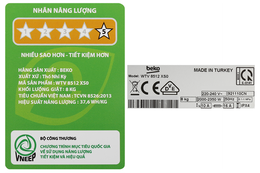 Máy giặt Beko Inverter 8 kg WTV 8512 XS0 Màu Trắng