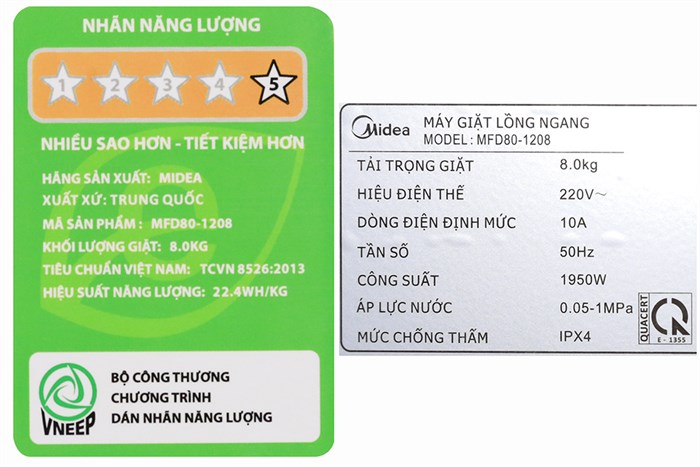 Máy giặt Midea 8 kg MFD80 - 1208 Màu Trắng