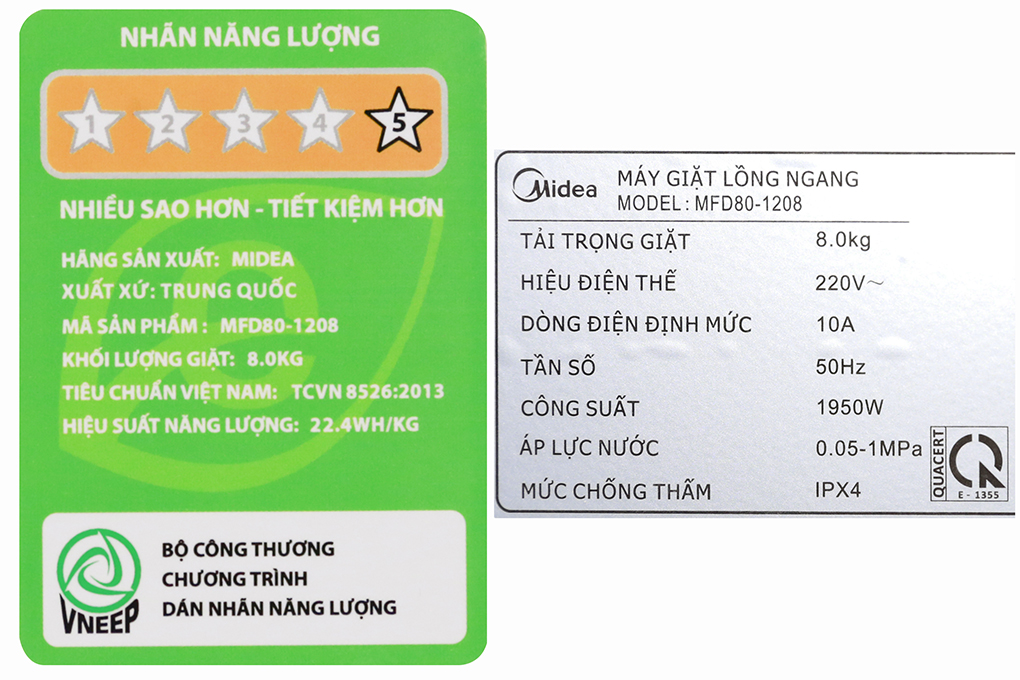 Máy giặt Midea 8 kg MFD80 - 1208 Màu Trắng