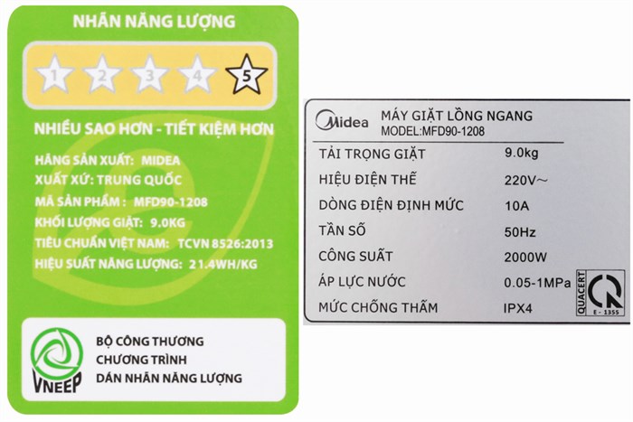 Máy giặt Midea 9 kg MFD90 -1208 Màu Trắng