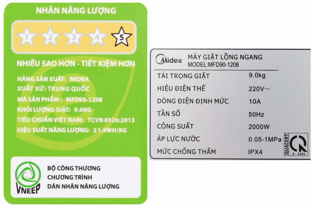 Máy giặt Midea 9 kg MFD90 -1208 Màu Trắng