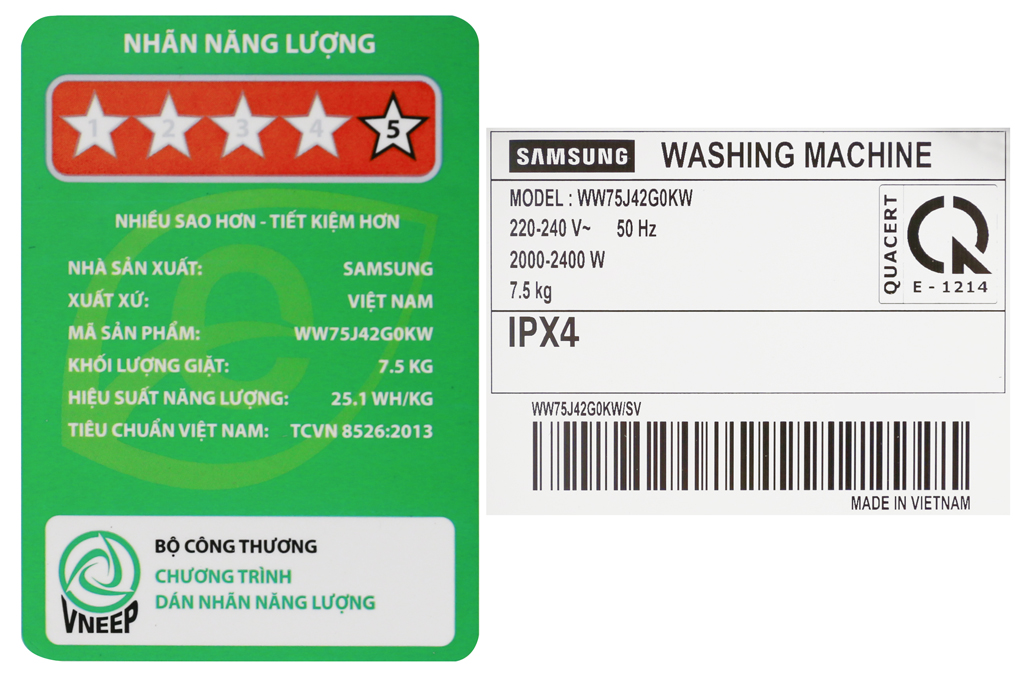 Máy giặt Samsung Inverter 7.5 kg WW75J42G0KW/SV Màu Trắng
