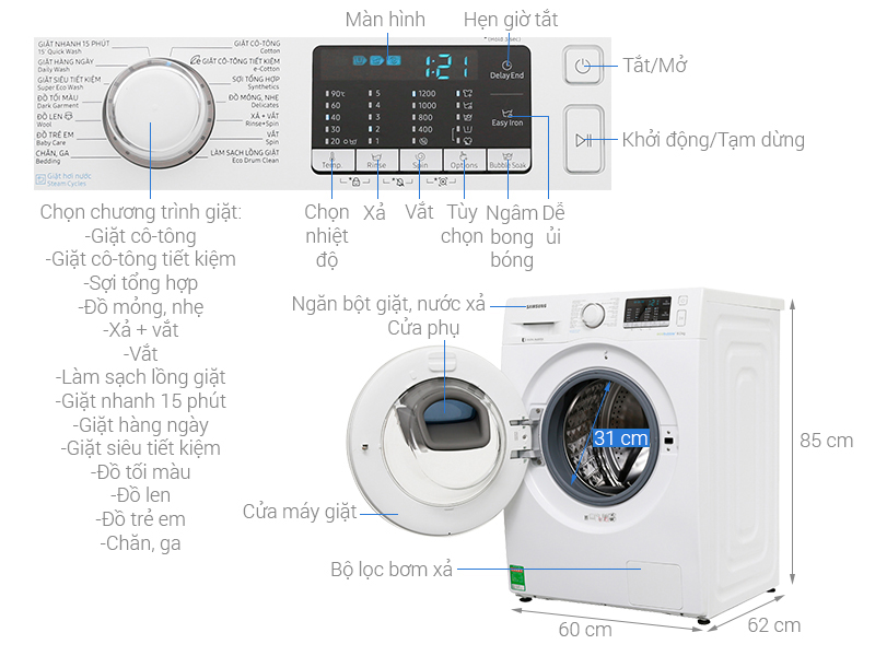 ThÃ´ng sá» ká»¹ thuáº­t MÃ¡y giáº·t Samsung AddWash Inverter 7.5 kg WW75K52E0WW/SV