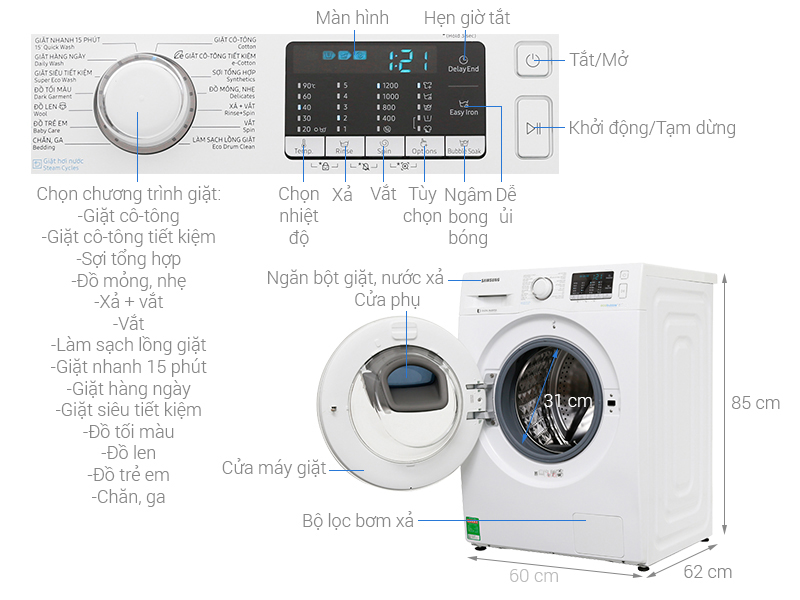 Thông số kỹ thuật Máy giặt Samsung AddWash Inverter 7.5 kg WW75K52E0WW/SV