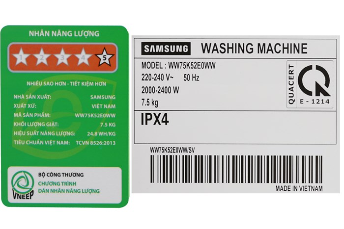 Máy giặt Samsung AddWash Inverter 7.5 kg WW75K52E0WW/SV Màu Trắng