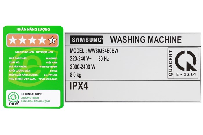Máy giặt Samsung Inverter 8 kg WW80J54E0BW/SV Màu Trắng