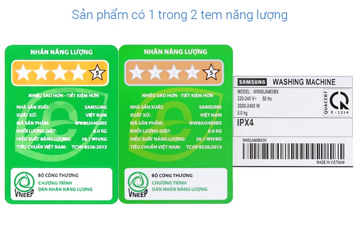 Máy giặt Samsung Inverter 8 kg WW80J54E0BX/SV Màu Inox