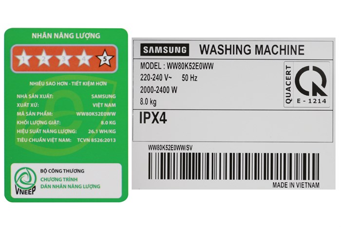 Máy giặt Samsung AddWash Inverter 8 kg WW80K52E0WW/SV Màu Trắng