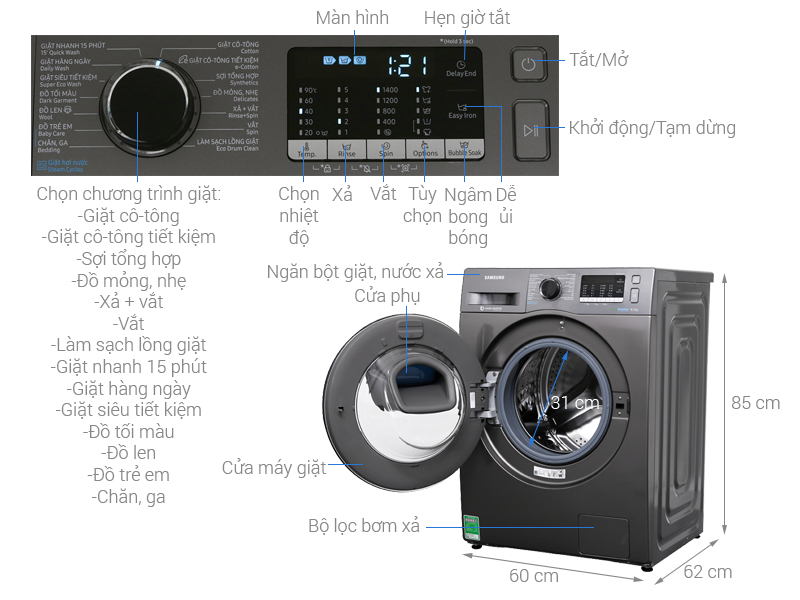 ThÃ´ng sá» ká»¹ thuáº­t MÃ¡y giáº·t Samsung AddWash Inverter 8.5 kg WW85K54E0UX/SV