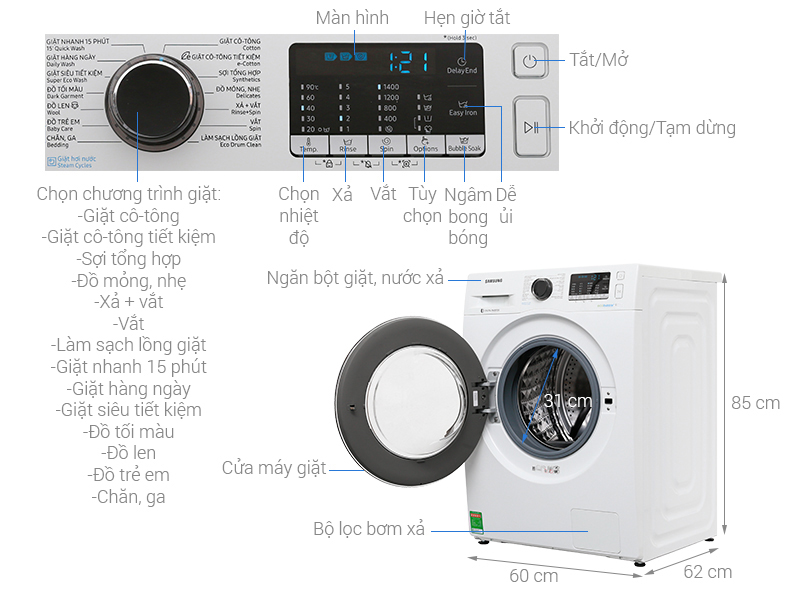 Thông số kỹ thuật Máy giặt Samsung Inverter 9 kg WW90J54E0BW/SV