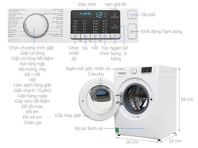 Thông số kỹ thuật Máy giặt Samsung AddWash Inverter 9 kg WW90K52E0WW/SV