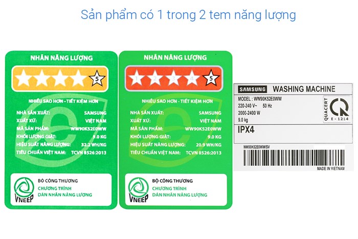 Máy giặt Samsung Inverter 9 kg WW90K52E0WW/SV Màu Trắng