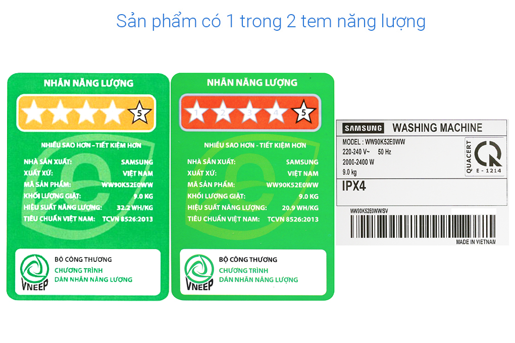 Máy giặt Samsung Inverter 9 kg WW90K52E0WW/SV Màu Trắng