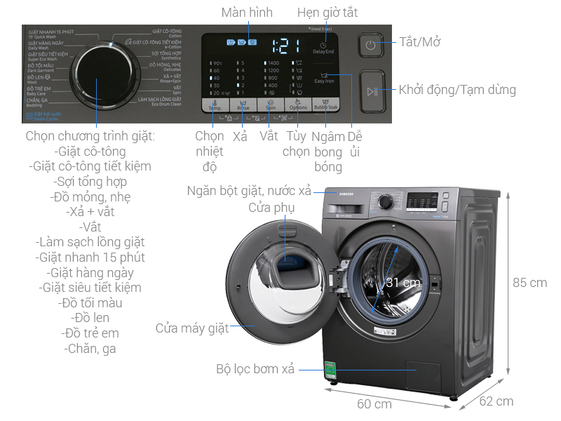 Thông số kỹ thuật Máy giặt Samsung Addwash Inverter 9 kg WW90K54E0UX/SV