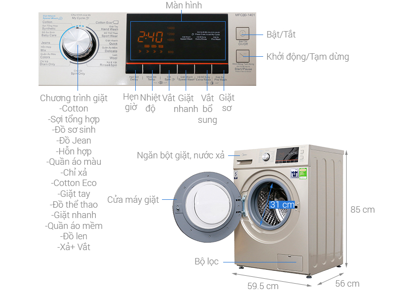 Thông số kỹ thuật Máy giặt Midea 8 kg MFC80-1401