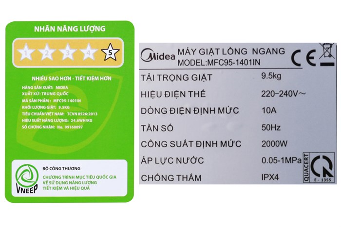 Máy giặt Midea Inverter 9.5 kg MFC95-1401IN Màu Vàng đồng