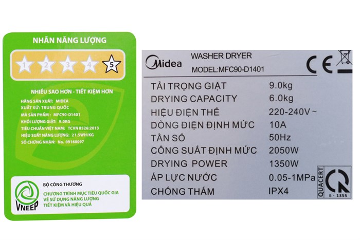 Máy giặt sấy Midea 9 kg MFC90-D1401 Màu Vàng đồng