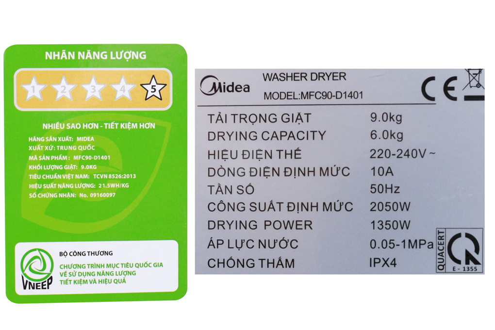 Máy giặt sấy Midea 9 kg MFC90-D1401 Màu Vàng đồng
