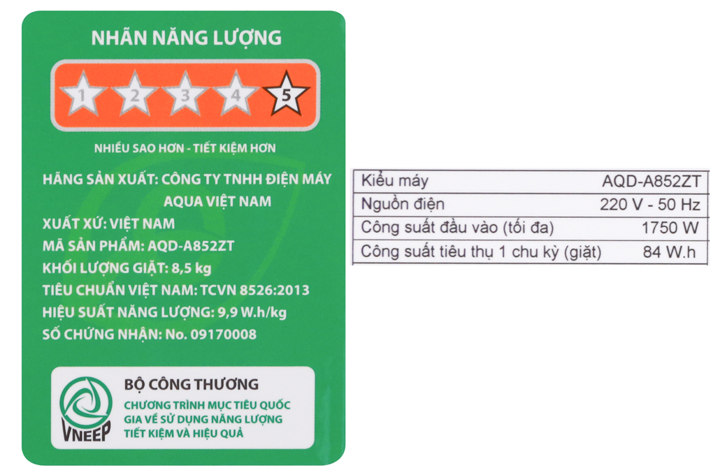 Máy giặt Aqua Inverter 8.5 kg AQD-A852ZT (W)