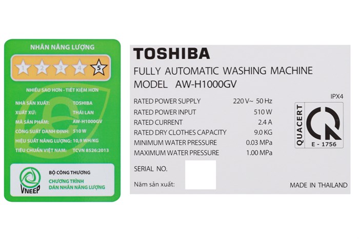 Máy giặt Toshiba 9 Kg AW-H1000GV SB Màu Xám