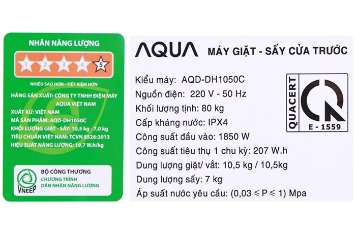 Máy giặt sấy Aqua Inverter 10.5Kg AQD-DH1050C N Màu Vàng đồng