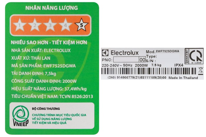 Máy giặt Electrolux Inverter 7.5 Kg EWF7525DGWA Màu Trắng