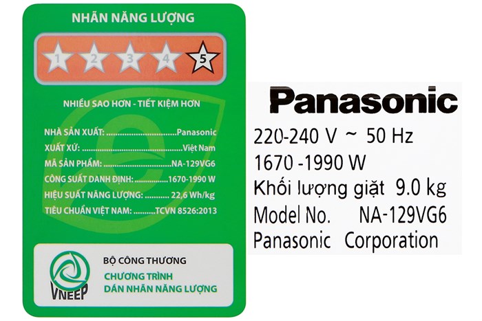 Máy giặt Panasonic Inverter 9 Kg NA-129VG6WV2